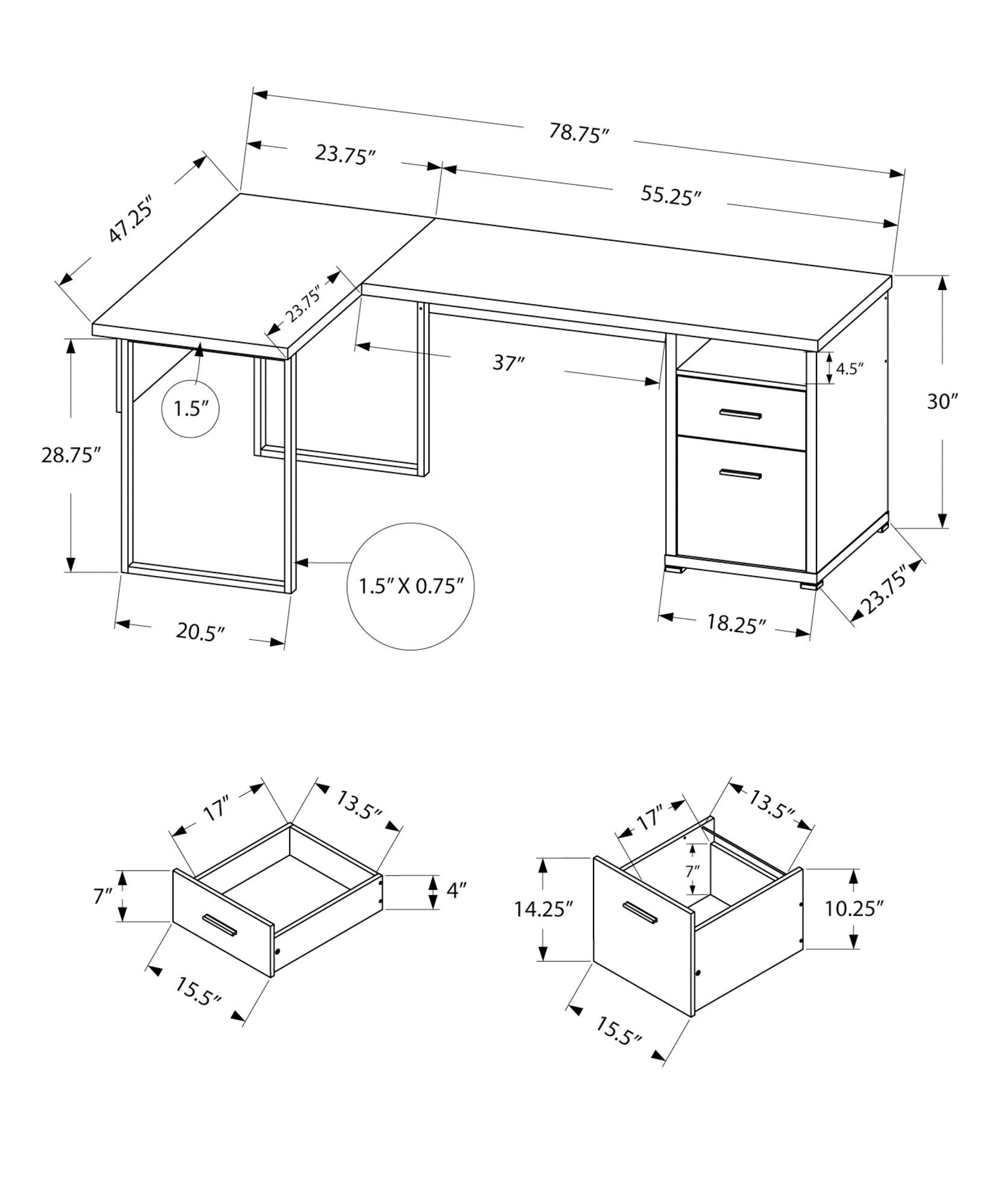 I 7255 Bureau, Bureau À Domicile, Coin, Configuration Gauche, Droite, Tiroirs De Rangement, 80"l, Forme De L, Travail, Ordinateur Portable, Métal, Stratifié, Brun, Gris, Contemporain, Moderne - Simple Boutique