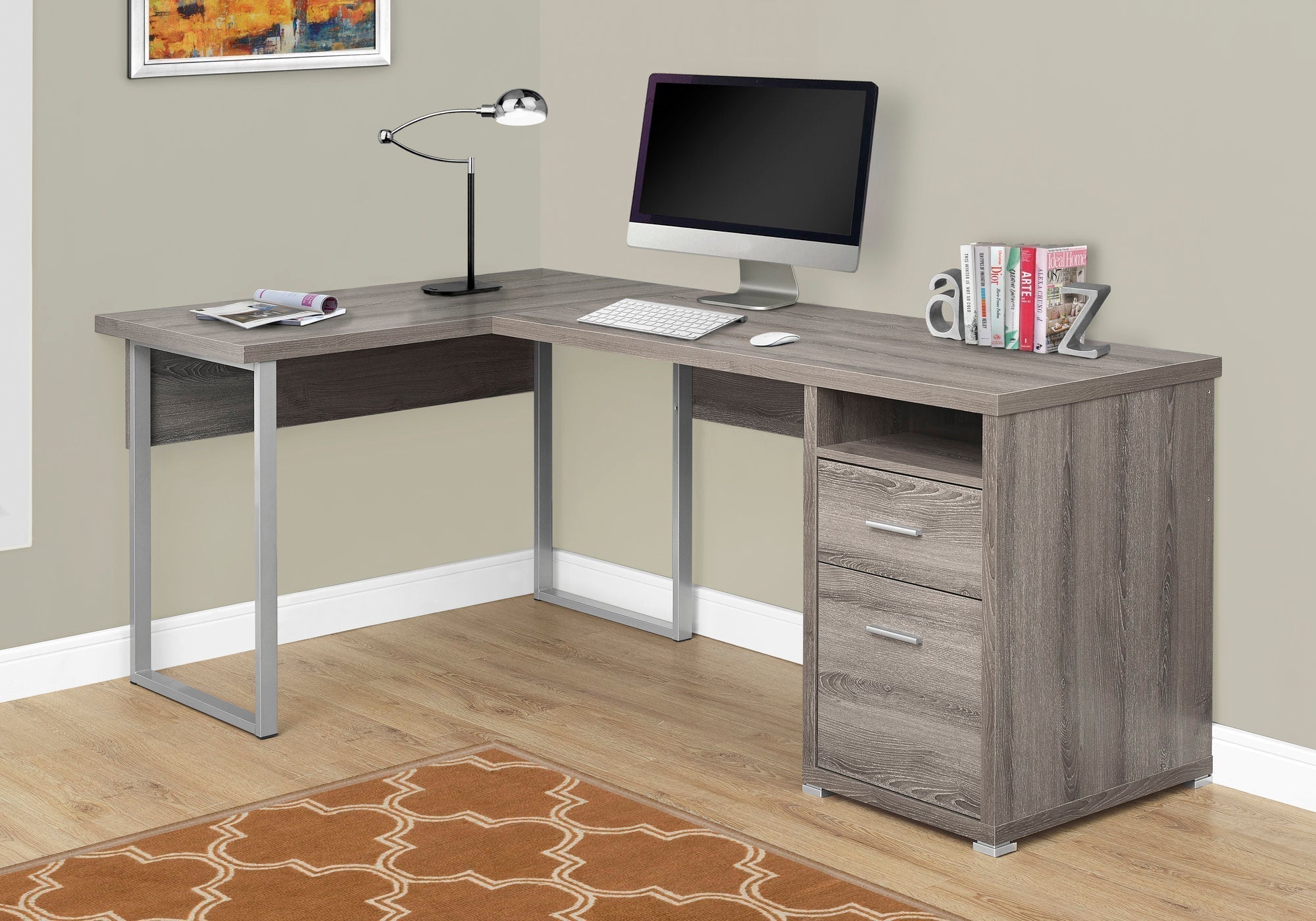 I 7255 Bureau, Bureau À Domicile, Coin, Configuration Gauche, Droite, Tiroirs De Rangement, 80"l, Forme De L, Travail, Ordinateur Portable, Métal, Stratifié, Brun, Gris, Contemporain, Moderne - Simple Boutique