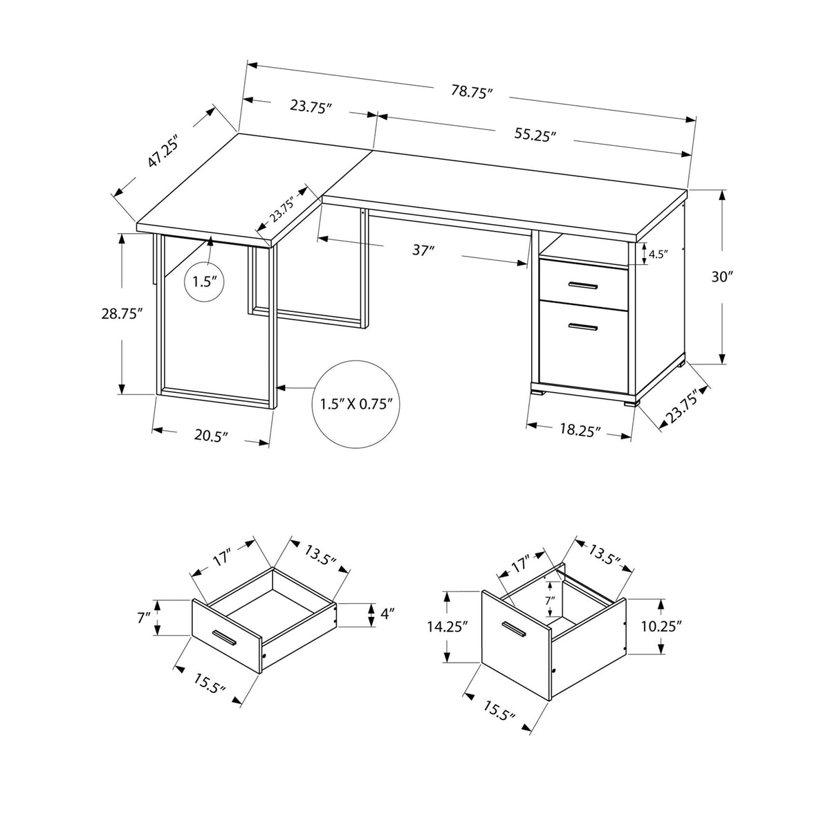 Monarch Specialties I 7257 Bureau, Bureau À Domicile, Coin, Configuration Gauche, Droite, Tiroirs De Rangement, 80"l, Forme De L, Travail, Ordinateur Portable, Métal, Stratifié, Gris, Contemporain, Moderne - Simple Boutique