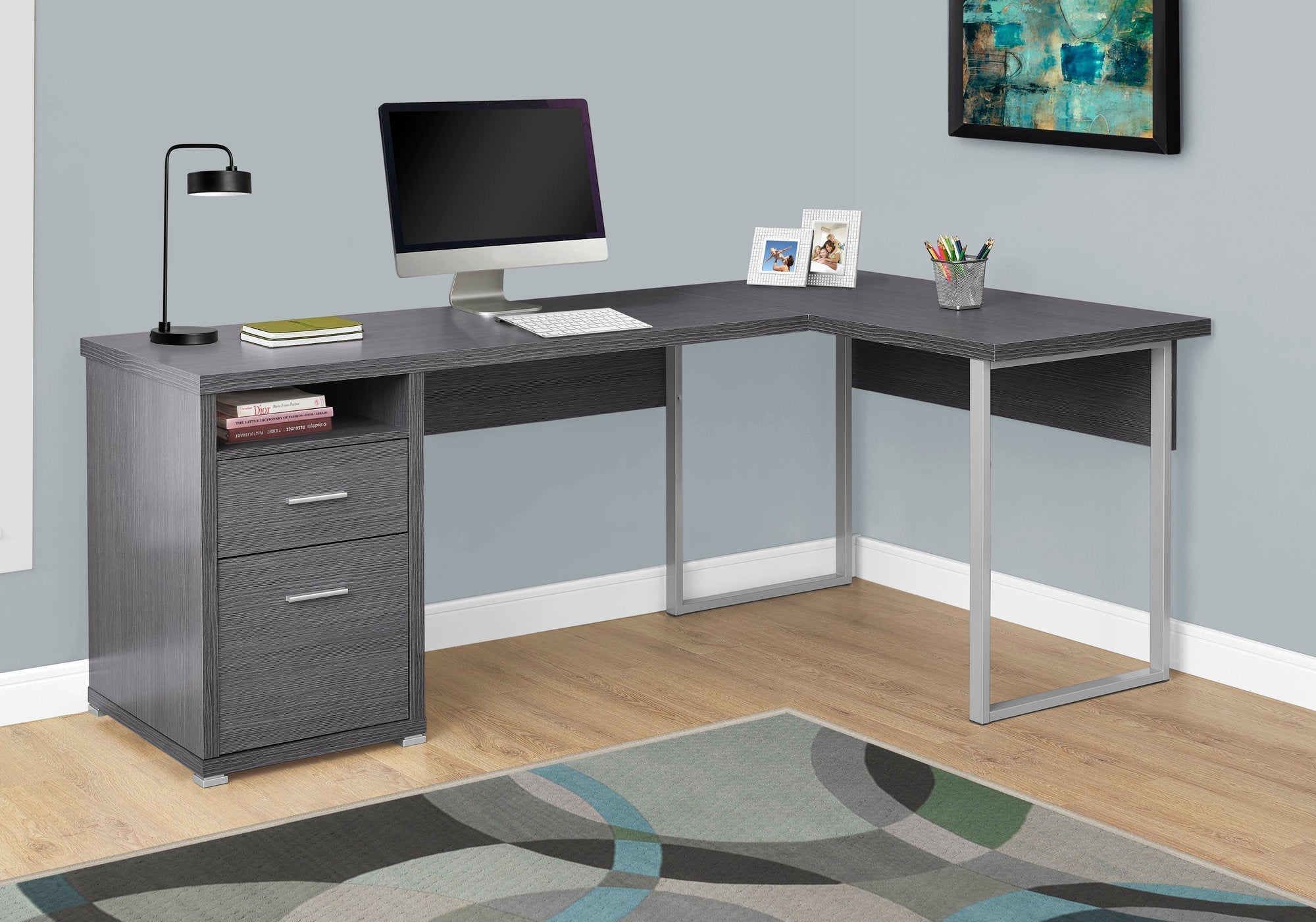 I 7257 Bureau, Bureau À Domicile, Coin, Configuration Gauche, Droite, Tiroirs De Rangement, 80"l, Forme De L, Travail, Ordinateur Portable, Métal, Stratifié, Gris, Contemporain, Moderne - Simple Boutique