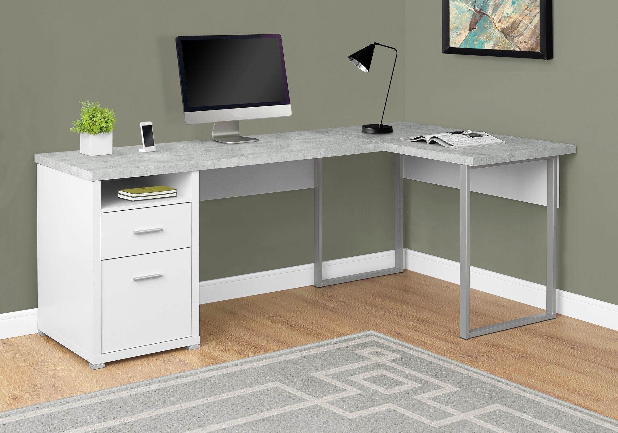I 7258 Bureau, Bureau À Domicile, Coin, Configuration Gauche, Droite, Tiroirs De Rangement, 80"l, Forme De L, Travail, Ordinateur Portable, Métal, Stratifié, Gris, Contemporain, Moderne - Simple Boutique