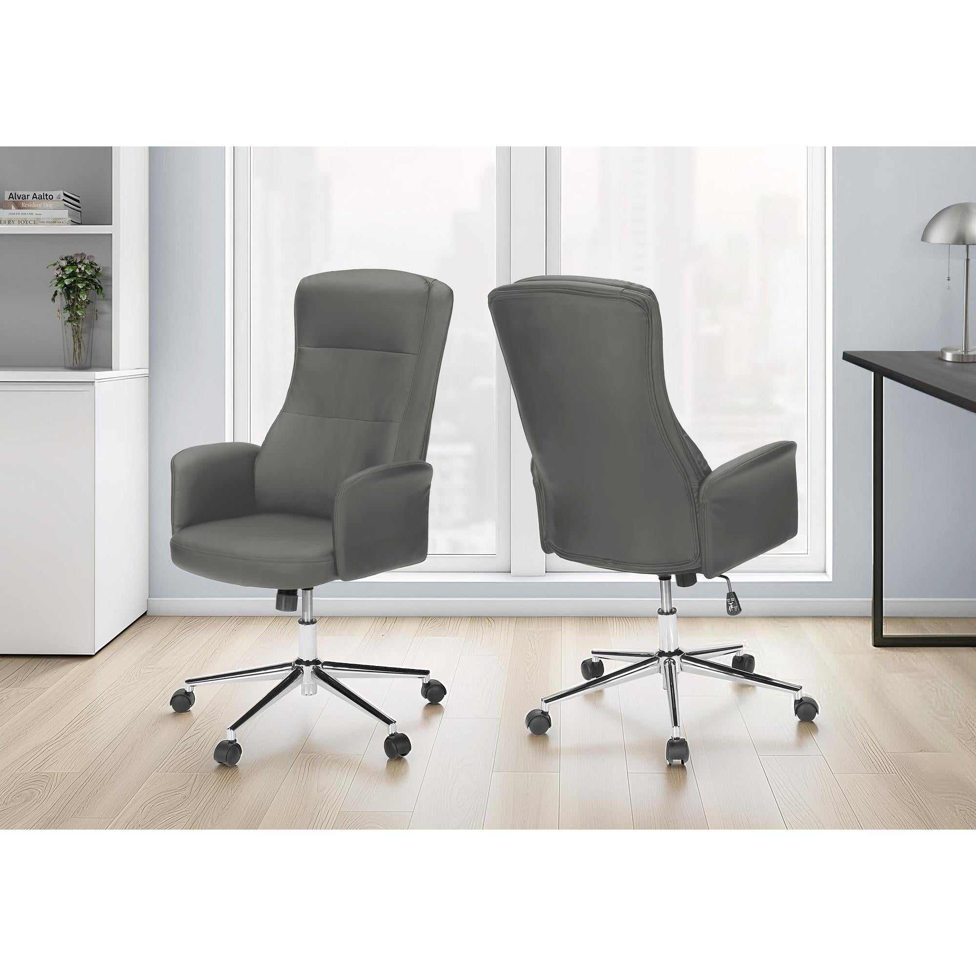 I 7375 - Chaise De Bureau, Pivotant, Hauteur Réglable, Accoudoir, Ergonomique, Travail, Aspect Cuir Gris, Métal Chromé, Contemporain, Moderne - Simple Boutique