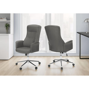 I 7375 - Chaise De Bureau, Pivotant, Hauteur Réglable, Accoudoir, Ergonomique, Travail, Aspect Cuir Gris, Métal Chromé, Contemporain, Moderne - Simple Boutique