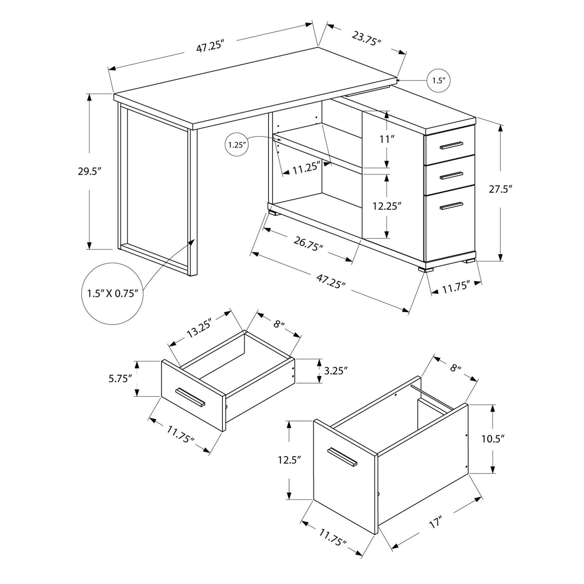 I 7433 Bureau, Bureau À Domicile, Coin, Configuration Gauche, Droite, Tiroirs De Rangement, Forme De L, Travail, Ordinateur Portable, Métal, Stratifié, Noir, Gris, Contemporain, Moderne - Simple Boutique
