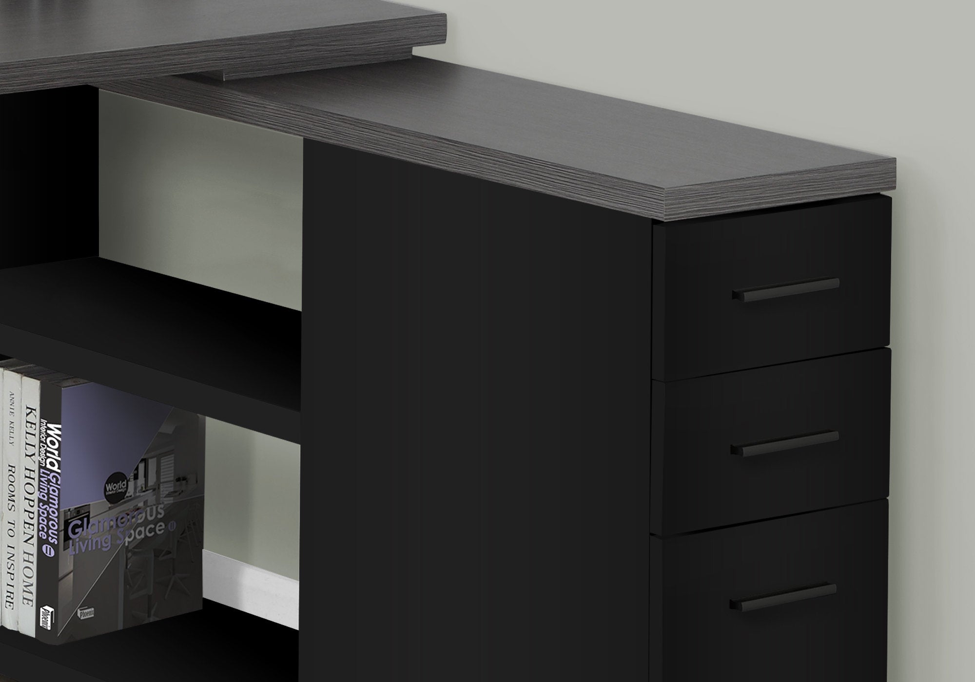 I 7433 Bureau, Bureau À Domicile, Coin, Configuration Gauche, Droite, Tiroirs De Rangement, Forme De L, Travail, Ordinateur Portable, Métal, Stratifié, Noir, Gris, Contemporain, Moderne - Simple Boutique