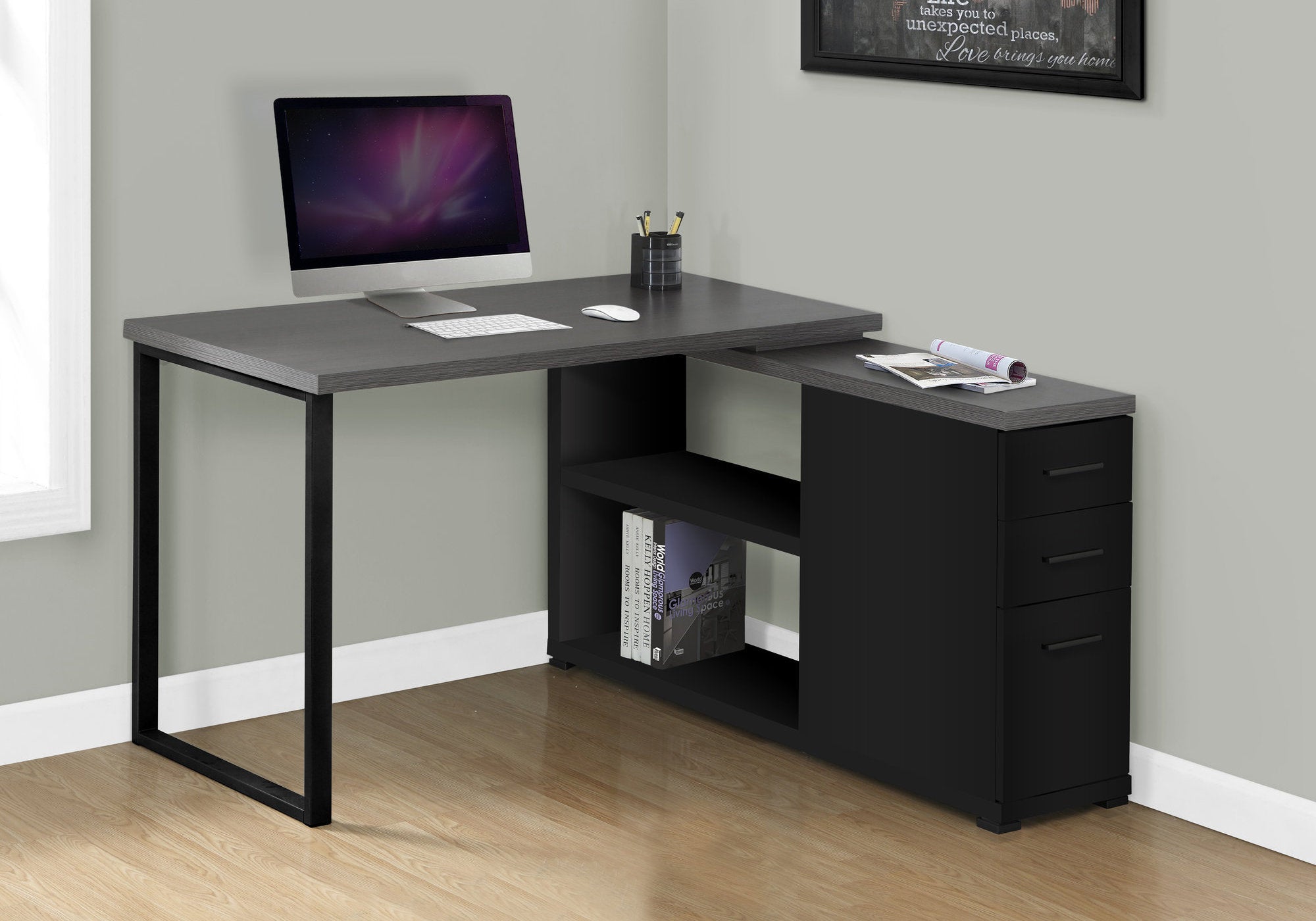 I 7433 Bureau, Bureau À Domicile, Coin, Configuration Gauche, Droite, Tiroirs De Rangement, Forme De L, Travail, Ordinateur Portable, Métal, Stratifié, Noir, Gris, Contemporain, Moderne - Simple Boutique