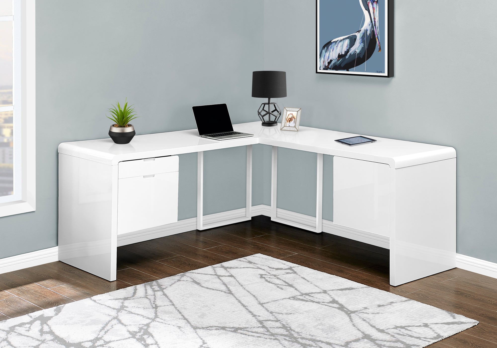 I 7582 Bureau, Bureau À Domicile, Coin, Configuration Gauche, Droite, Tiroirs De Rangement, 72"l, Forme De L, Travail, Ordinateur Portable, Stratifié, Métal, Blanc Lustré, Contemporain, Moderne - Simple Boutique