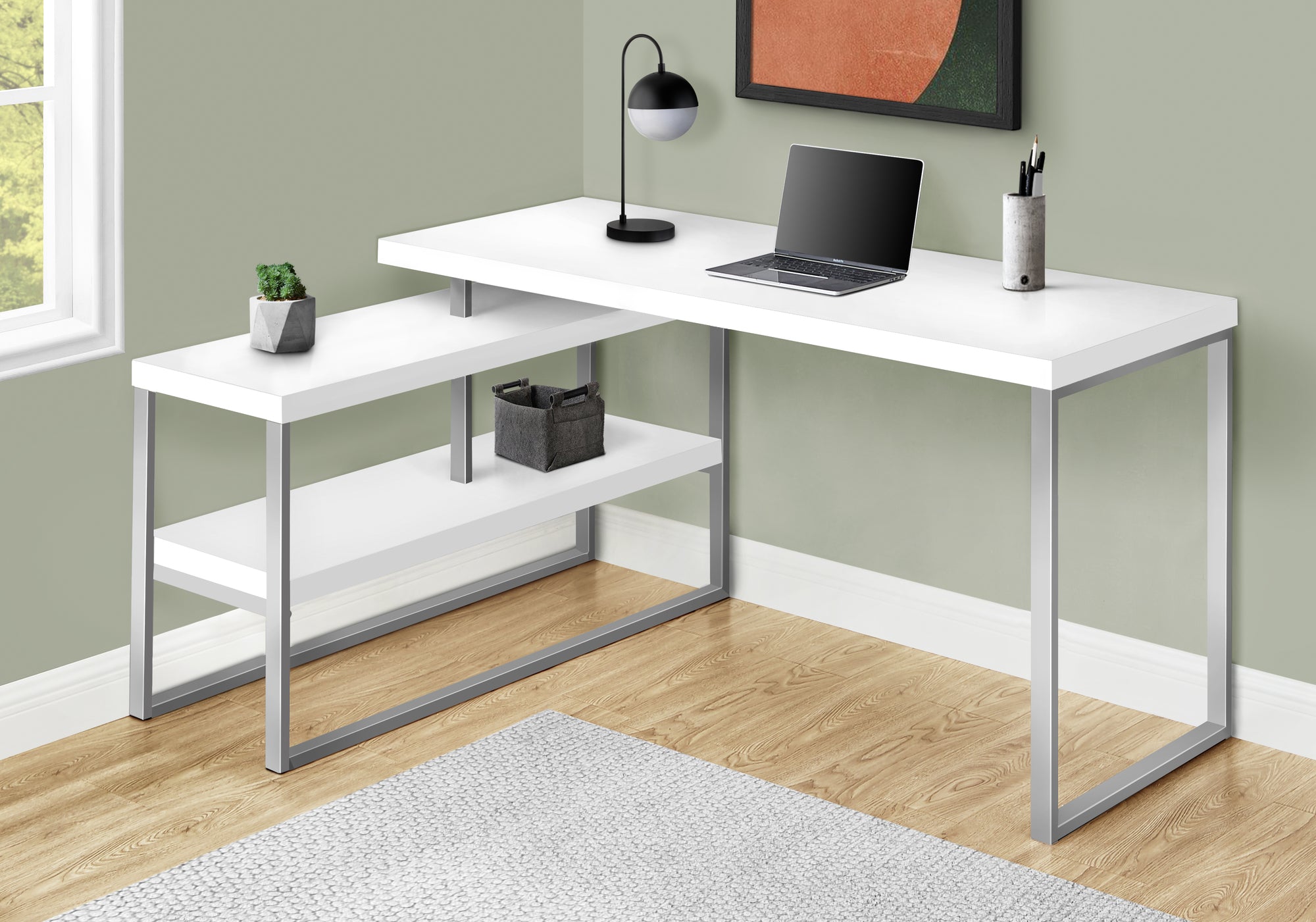 I 7585 Bureau, Bureau À Domicile, Coin, Configuration Gauche, Droite, Étagères De Rangement, 60"l, Forme De L, Travail, Ordinateur Portable, Métal, Stratifié, Blanc, Gris, Contemporain, Moderne - Simple Boutique