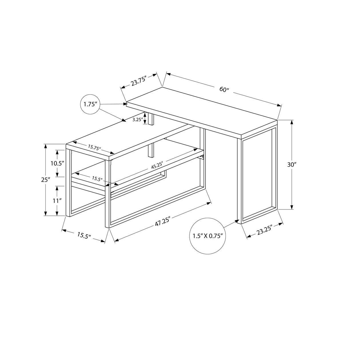 I 7586 Bureau, Bureau À Domicile, Coin, Configuration Gauche, Droite, Étagères De Rangement, 60"l, Forme De L, Travail, Ordinateur Portable, Métal, Stratifié, Gris, Argent, Contemporain, Moderne - Simple Boutique