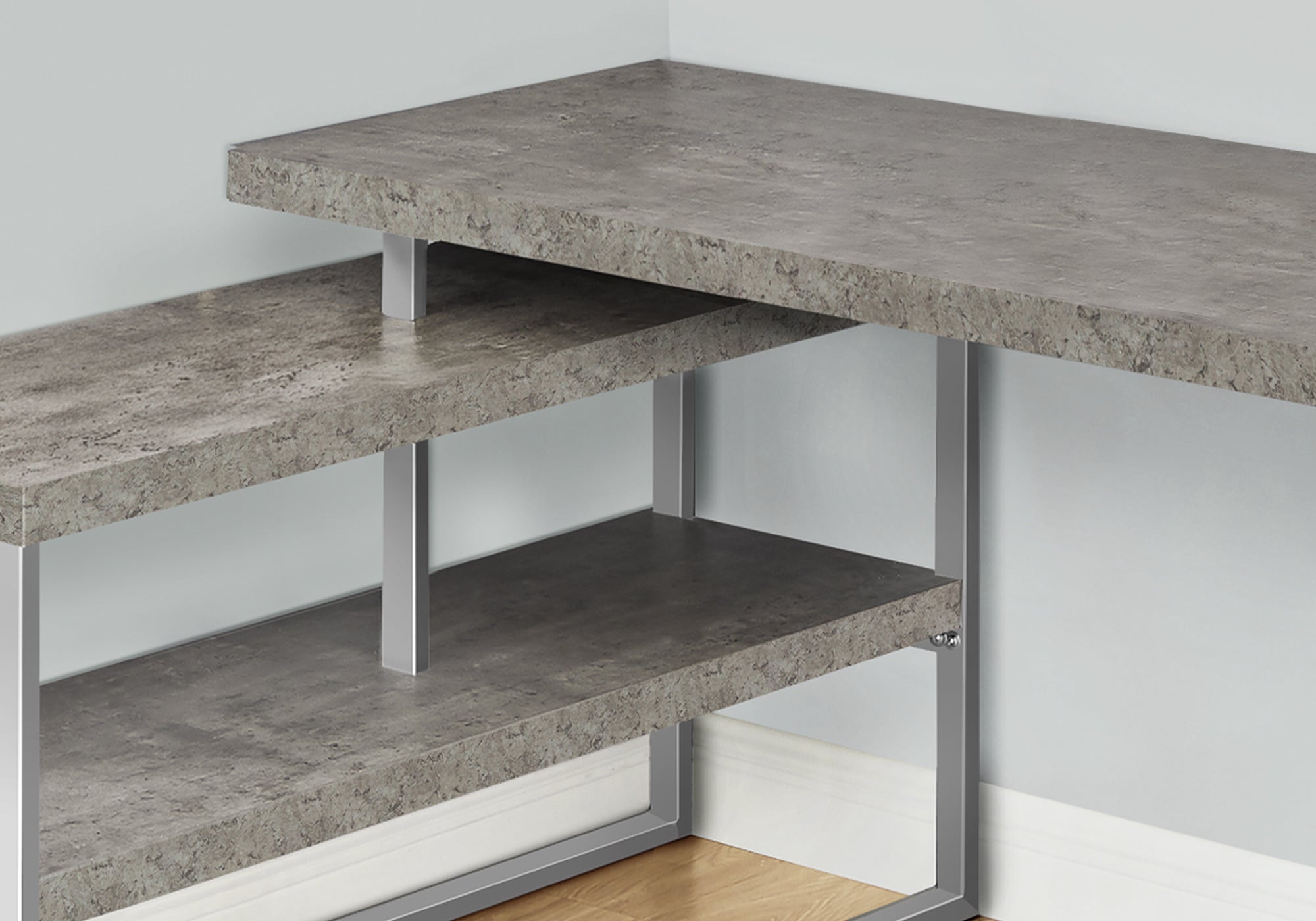 I 7586 Bureau, Bureau À Domicile, Coin, Configuration Gauche, Droite, Étagères De Rangement, 60"l, Forme De L, Travail, Ordinateur Portable, Métal, Stratifié, Gris, Argent, Contemporain, Moderne - Simple Boutique