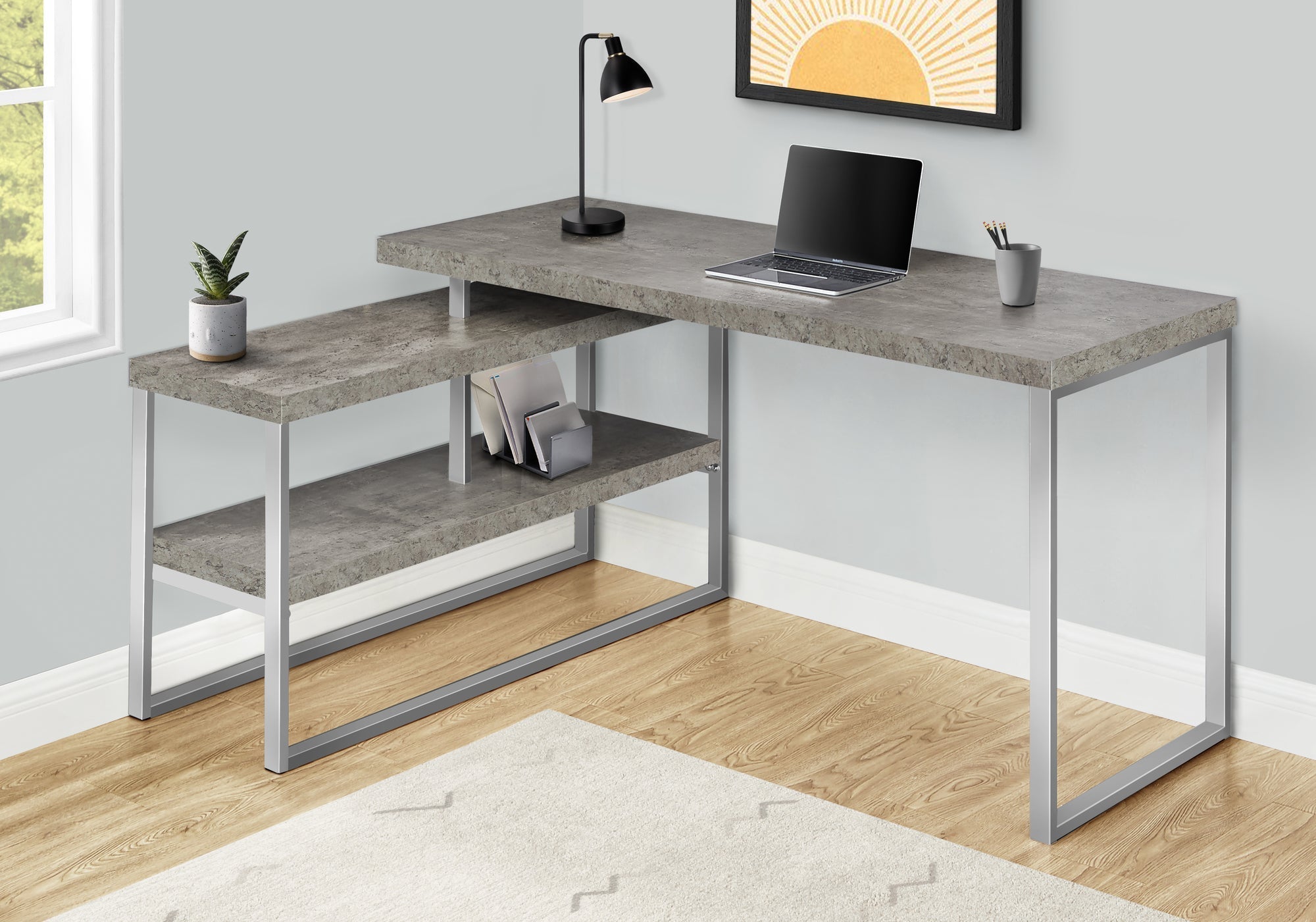 I 7586 Bureau, Bureau À Domicile, Coin, Configuration Gauche, Droite, Étagères De Rangement, 60"l, Forme De L, Travail, Ordinateur Portable, Métal, Stratifié, Gris, Argent, Contemporain, Moderne - Simple Boutique