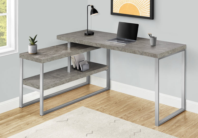 I 7586 Bureau, Bureau À Domicile, Coin, Configuration Gauche, Droite, Étagères De Rangement, 60"l, Forme De L, Travail, Ordinateur Portable, Métal, Stratifié, Gris, Argent, Contemporain, Moderne - Simple Boutique