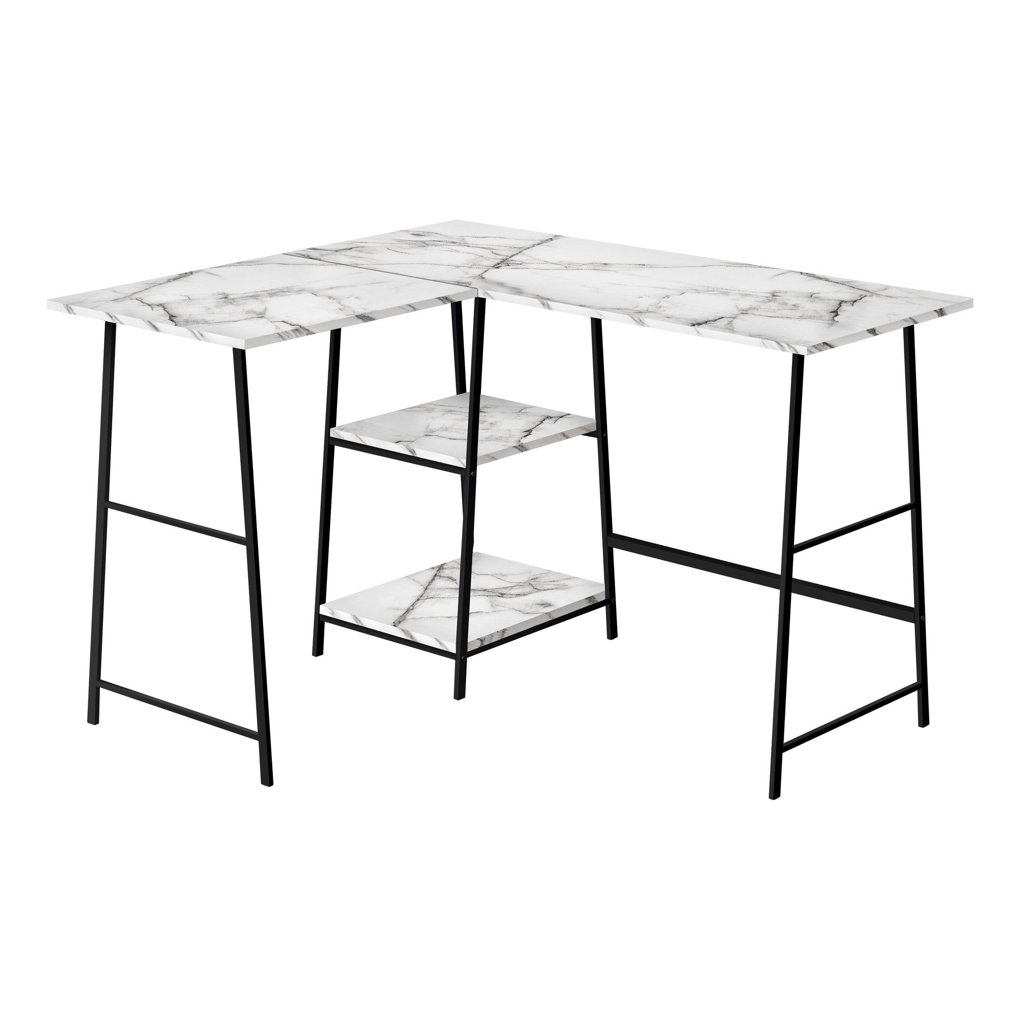 I 7595 Bureau, Bureau À Domicile, Coin, Étagères De Rangement, 48"l, Forme De L, Travail, Ordinateur Portable, Métal, Stratifié, Aspect Marbre Blanc, Noir, Contemporain, Moderne - Simple Boutique