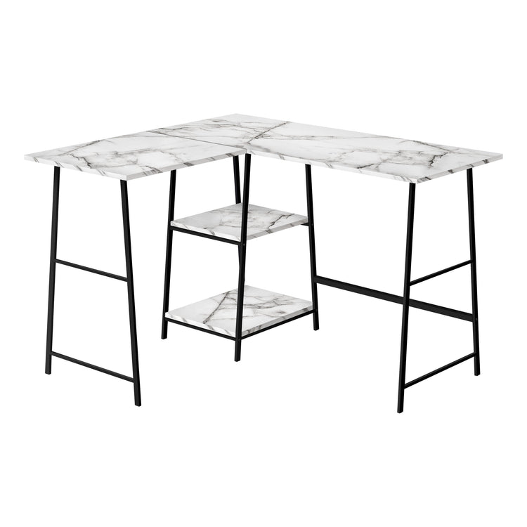 I 7595 Bureau, Bureau À Domicile, Coin, Étagères De Rangement, 48"l, Forme De L, Travail, Ordinateur Portable, Métal, Stratifié, Aspect Marbre Blanc, Noir, Contemporain, Moderne - Simple Boutique