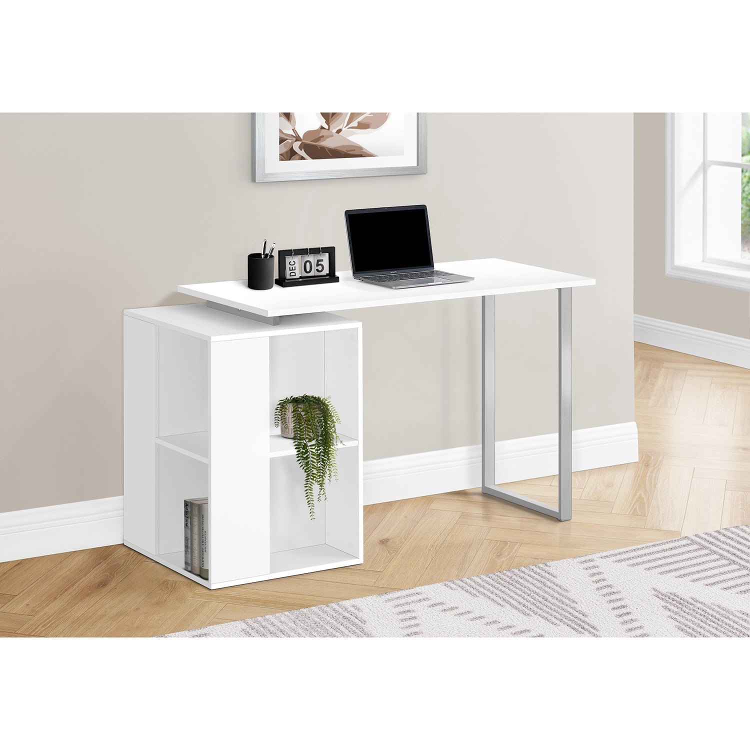 I 7600 - Bureau, Bureau À Domicile, Configuration Gauche, Droite, Étagères De Rangement, 55"L, Travail, Ordinateur Portable, Laminé Blanc, Métal Gris, Contemporain, Moderne - Simple Boutique
