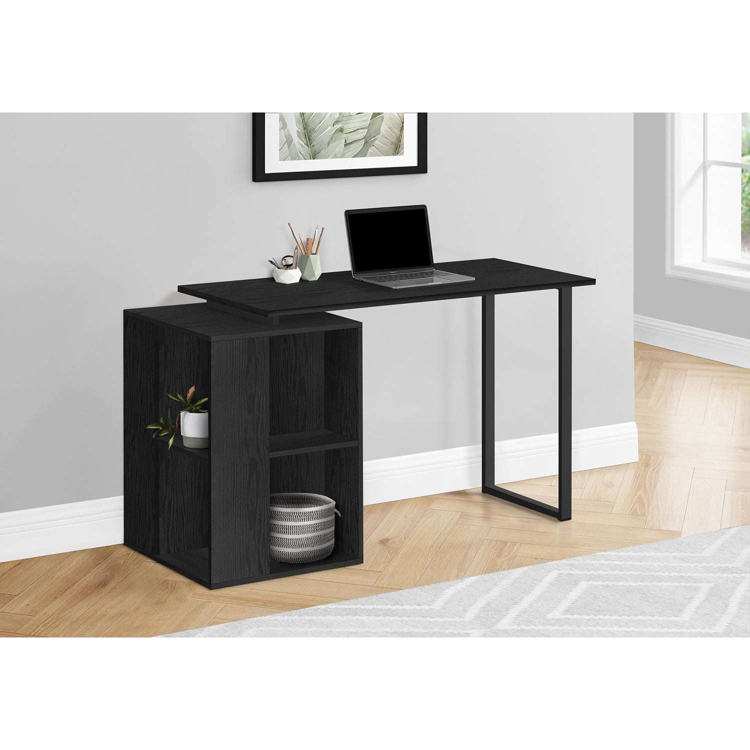 I 7601 - Bureau, Bureau À Domicile, Configuration Gauche, Droite, Étagères De Rangement, 55"L, Travail, Ordinateur Portable, Laminé Noir, Métal Noir, Contemporain, Moderne - Simple Boutique