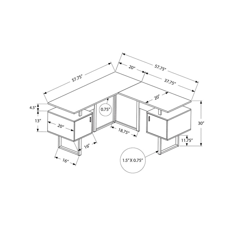 I 7695 - Bureau, Bureau À Domicile, Coin, Rangement, 58"L, Forme De L, Travail, Ordinateur Portable, Laminé Blanc, Métal Gris, Contemporain, Moderne - Simple Boutique