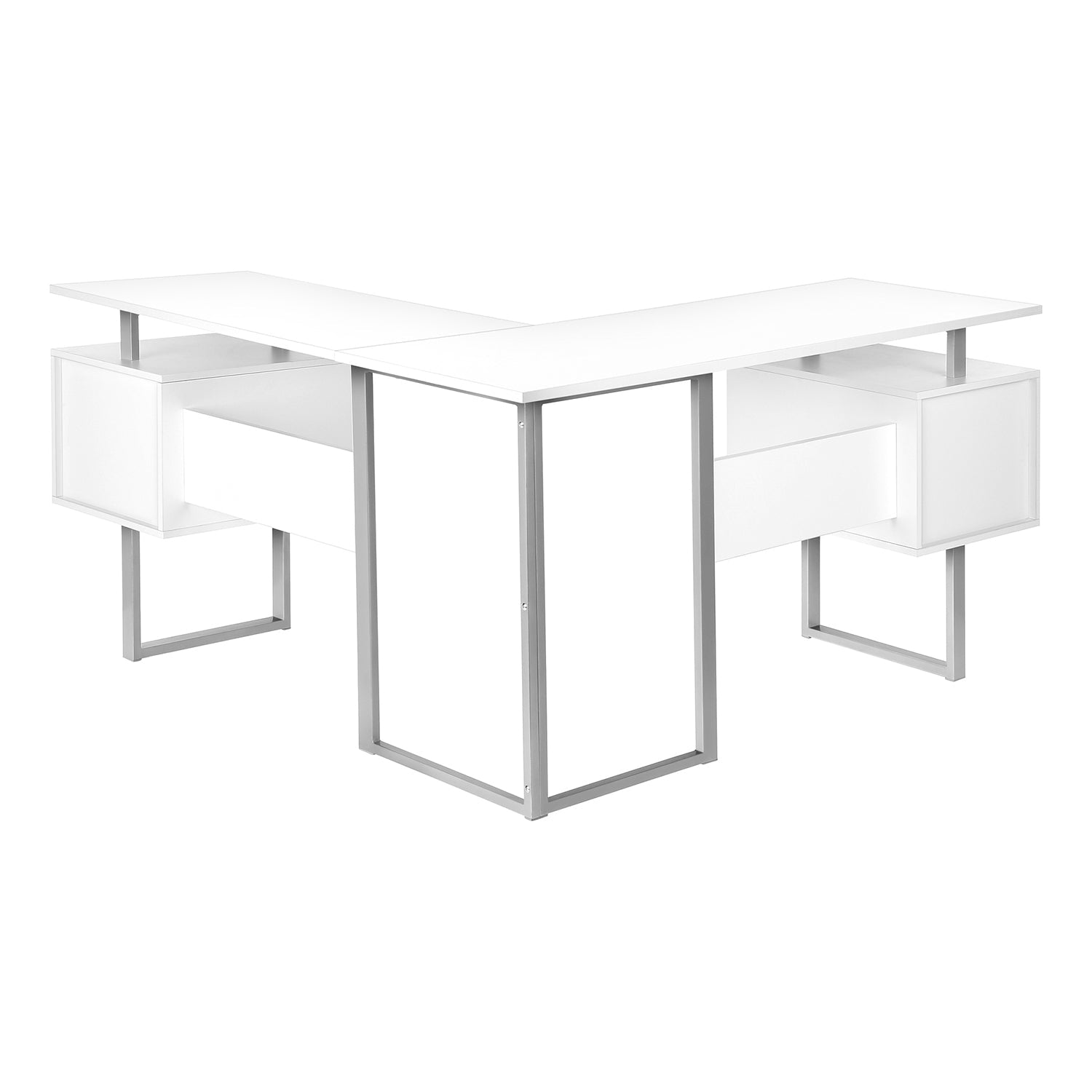 I 7695 - Bureau, Bureau À Domicile, Coin, Rangement, 58"L, Forme De L, Travail, Ordinateur Portable, Laminé Blanc, Métal Gris, Contemporain, Moderne - Simple Boutique