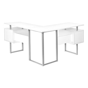 I 7695 - Bureau, Bureau À Domicile, Coin, Rangement, 58"L, Forme De L, Travail, Ordinateur Portable, Laminé Blanc, Métal Gris, Contemporain, Moderne - Simple Boutique