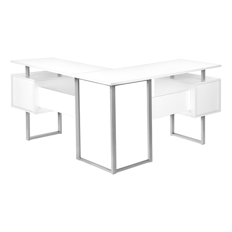 I 7695 - Bureau, Bureau À Domicile, Coin, Rangement, 58"L, Forme De L, Travail, Ordinateur Portable, Laminé Blanc, Métal Gris, Contemporain, Moderne - Simple Boutique