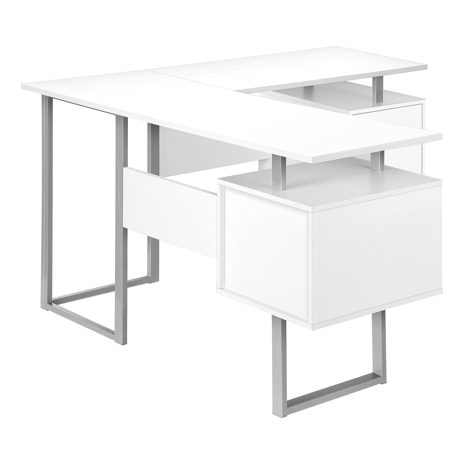 I 7695 - Bureau, Bureau À Domicile, Coin, Rangement, 58"L, Forme De L, Travail, Ordinateur Portable, Laminé Blanc, Métal Gris, Contemporain, Moderne - Simple Boutique