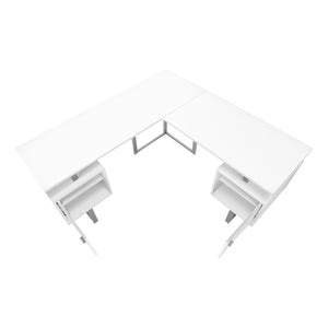 I 7695 - Bureau, Bureau À Domicile, Coin, Rangement, 58"L, Forme De L, Travail, Ordinateur Portable, Laminé Blanc, Métal Gris, Contemporain, Moderne - Simple Boutique
