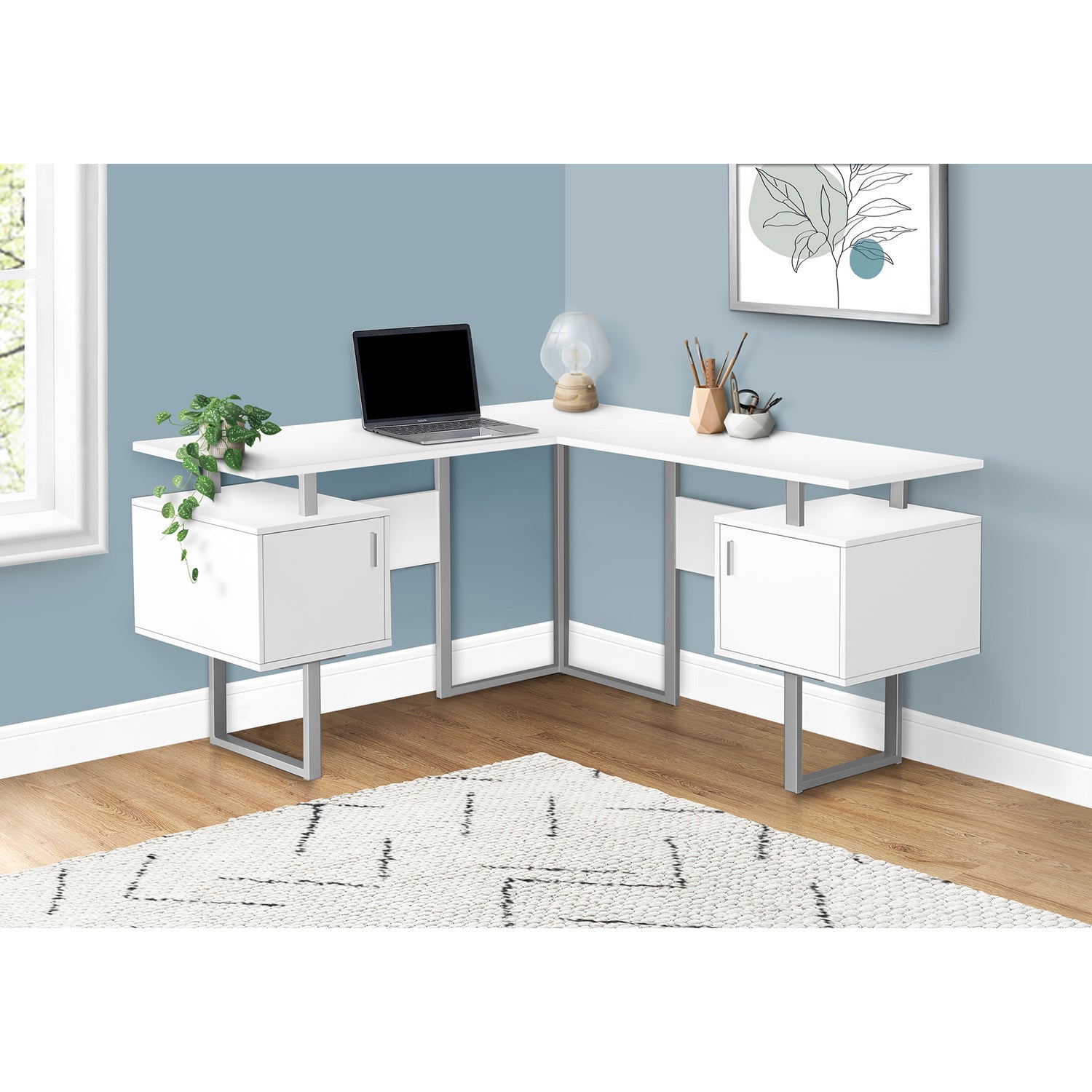 I 7695 - Bureau, Bureau À Domicile, Coin, Rangement, 58"L, Forme De L, Travail, Ordinateur Portable, Laminé Blanc, Métal Gris, Contemporain, Moderne - Simple Boutique
