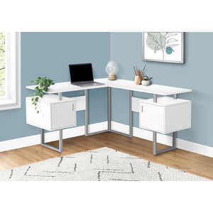 I 7695 - Bureau, Bureau À Domicile, Coin, Rangement, 58"L, Forme De L, Travail, Ordinateur Portable, Laminé Blanc, Métal Gris, Contemporain, Moderne - Simple Boutique