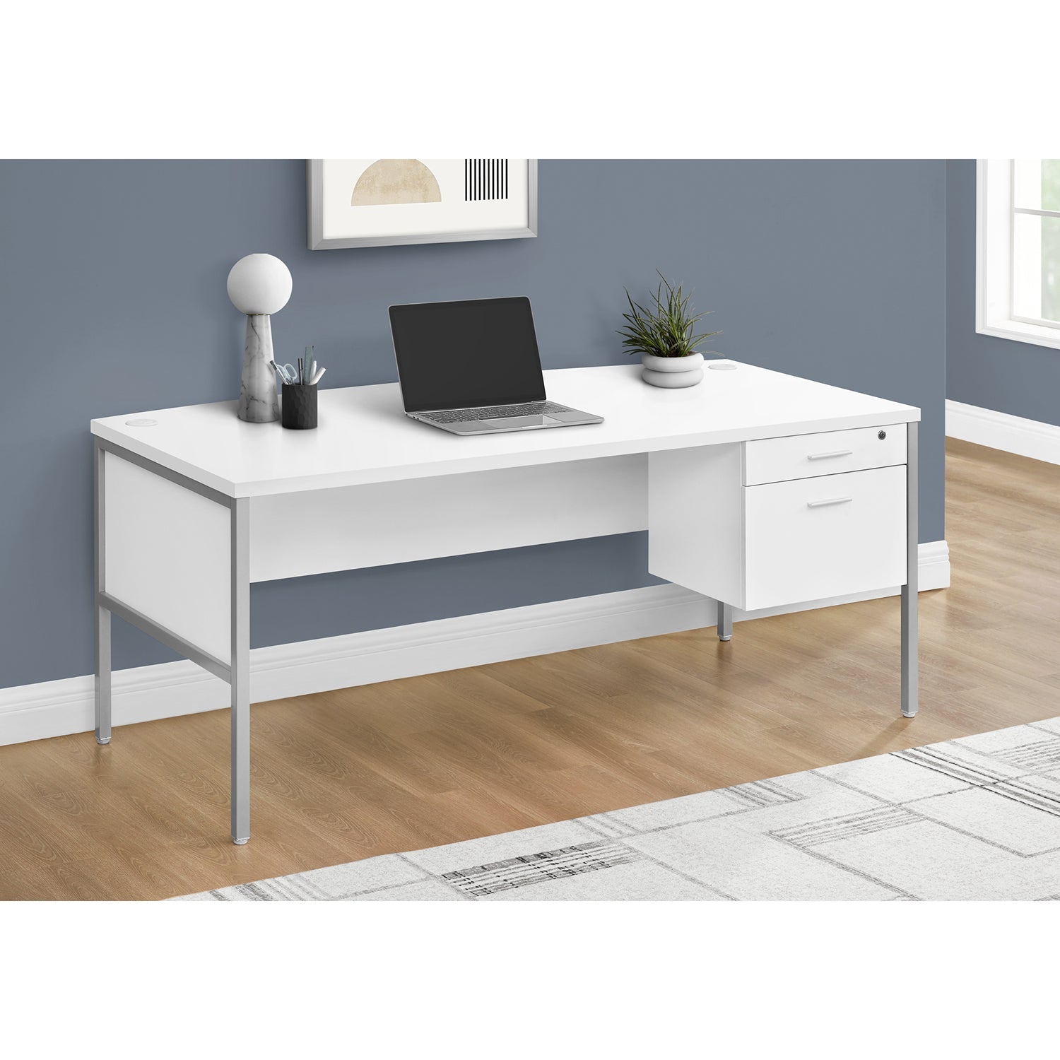 I 7725 - Bureau, 72"L, Bureau À Domicile, Travail, Ordinateur Portable, Qualité Commerciale, Tiroir De Rangement De Fichiers, Stratifié Blanc, Métal Argenté, Contemporain, Moderne - Simple Boutique