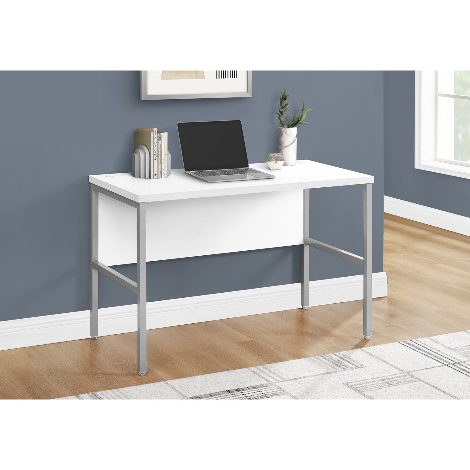I 7726 - Bureau, 48"L, Travail, Bureau À Domicile, Qualité Commerciale, Stratifié Blanc, Métal Argenté, Contemporain, Moderne - Simple Boutique