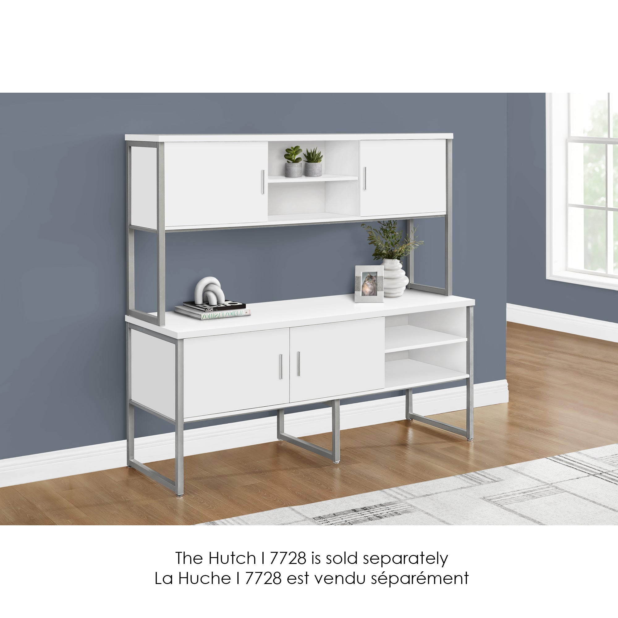 I 7727 - Credence De Bureau, 72"L, Travail, Travail, Portes De Stockage, Qualité Commerciale, Stratifié Blanc, Métal Argenté, Contemporain, Moderne - Simple Boutique
