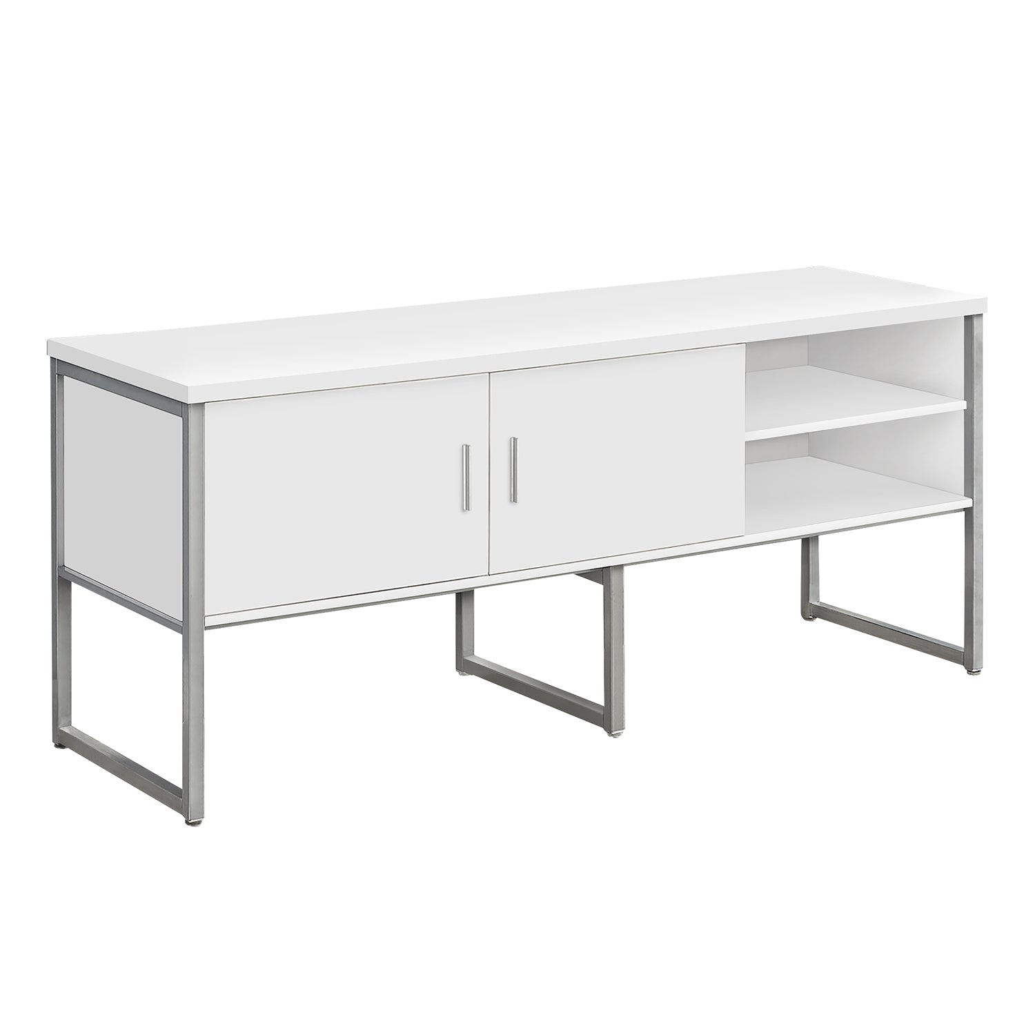 I 7727 - Credence De Bureau, 72"L, Travail, Travail, Portes De Stockage, Qualité Commerciale, Stratifié Blanc, Métal Argenté, Contemporain, Moderne - Simple Boutique