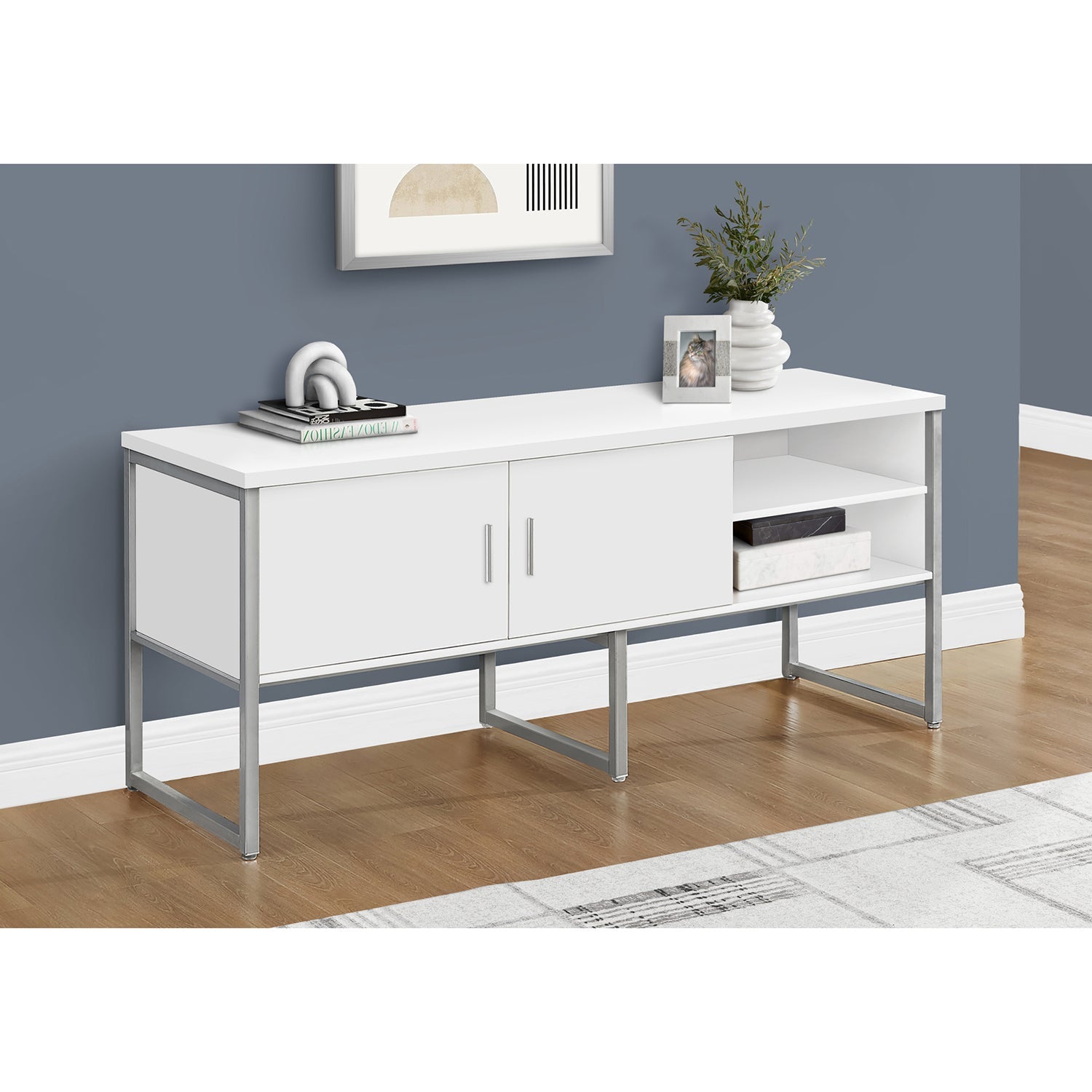 I 7727 - Credence De Bureau, 72"L, Travail, Travail, Portes De Stockage, Qualité Commerciale, Stratifié Blanc, Métal Argenté, Contemporain, Moderne - Simple Boutique