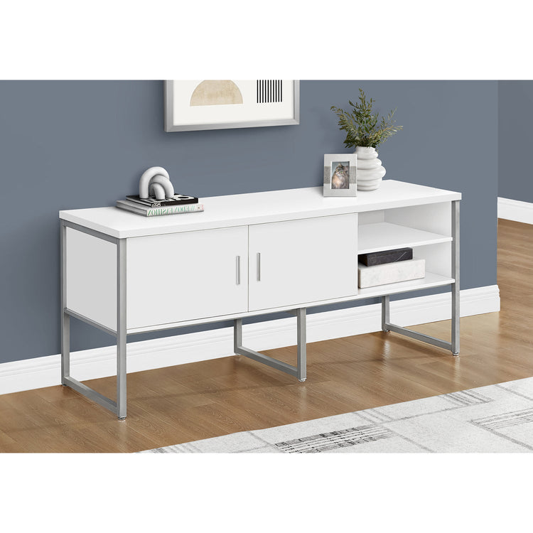I 7727 - Credence De Bureau, 72"L, Travail, Travail, Portes De Stockage, Qualité Commerciale, Stratifié Blanc, Métal Argenté, Contemporain, Moderne - Simple Boutique