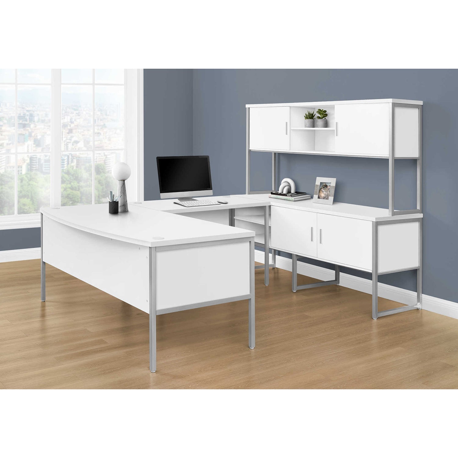 I 7728 - Huche De Bureau, 72"L, Travail, Portes De Stockage, Travail, Qualité Commerciale, Stratifié Blanc, Métal Argenté, Contemporain, Moderne - Simple Boutique