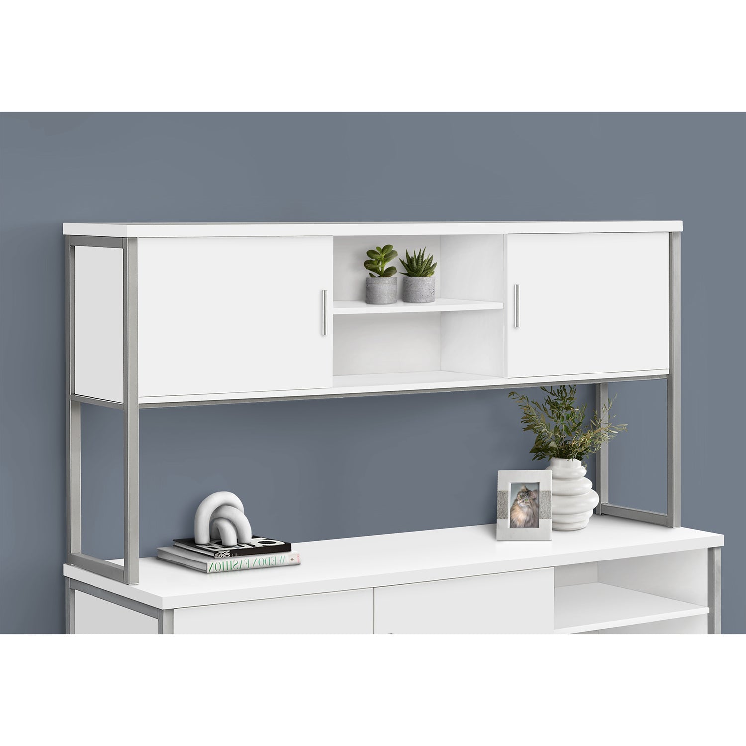 I 7728 - Huche De Bureau, 72"L, Travail, Portes De Stockage, Travail, Qualité Commerciale, Stratifié Blanc, Métal Argenté, Contemporain, Moderne - Simple Boutique