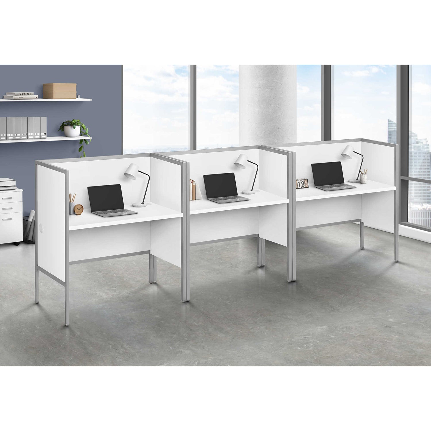 I 7729 - Bureau A Cloison, 48"L, Bureau, Travail, Qualité Commerciale, Stratifié Blanc, Métal Argenté, Contemporain, Moderne - Simple Boutique