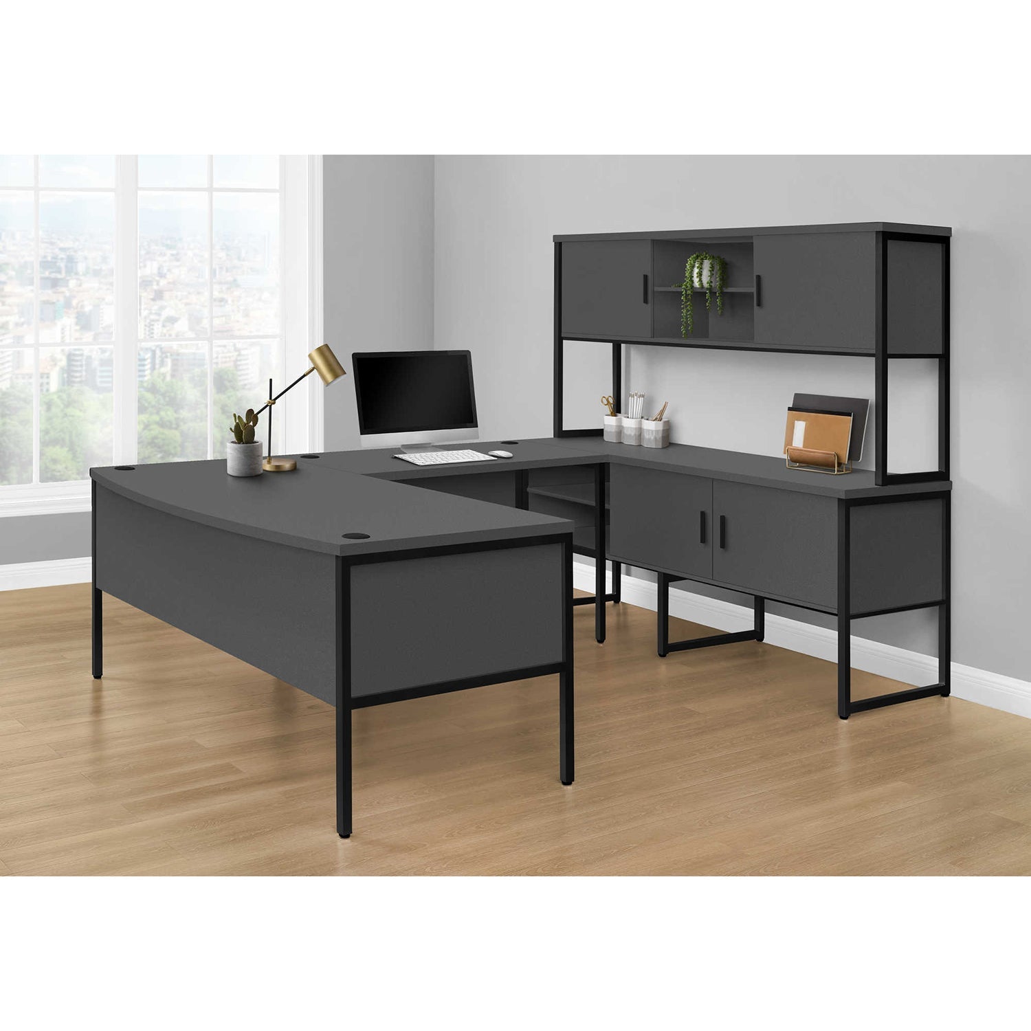 I 7731 - Bureau, 48"L, Travail, Bureau À Domicile, Qualité Commerciale, Stratifié Gris, Métal Noir, Contemporain, Moderne - Simple Boutique