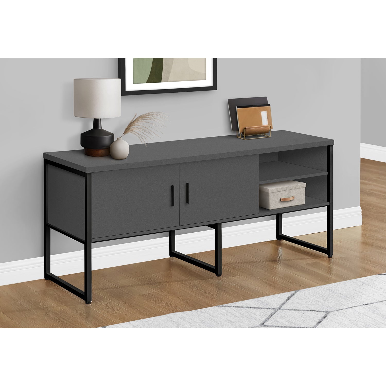 I 7732 - Credence De Bureau, 72"L, Travail, Travail, Portes De Stockage, Qualité Commerciale, Stratifié Gris, Métal Noir, Contemporain, Moderne - Simple Boutique