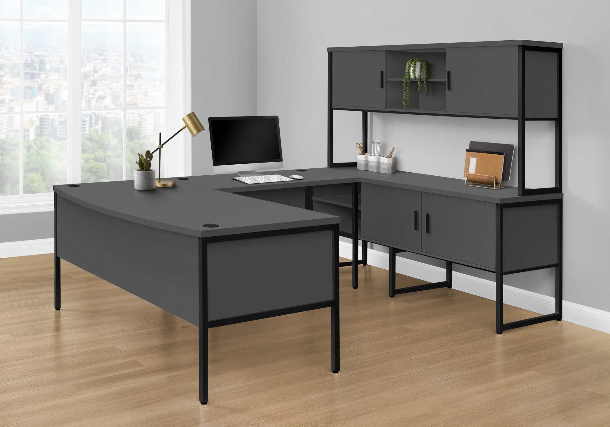 I 7733 - Huche De Bureau, 72"L, Travail, Portes De Stockage, Travail, Qualité Commerciale, Stratifié Gris, Métal Noir, Contemporain, Moderne - Simple Boutique
