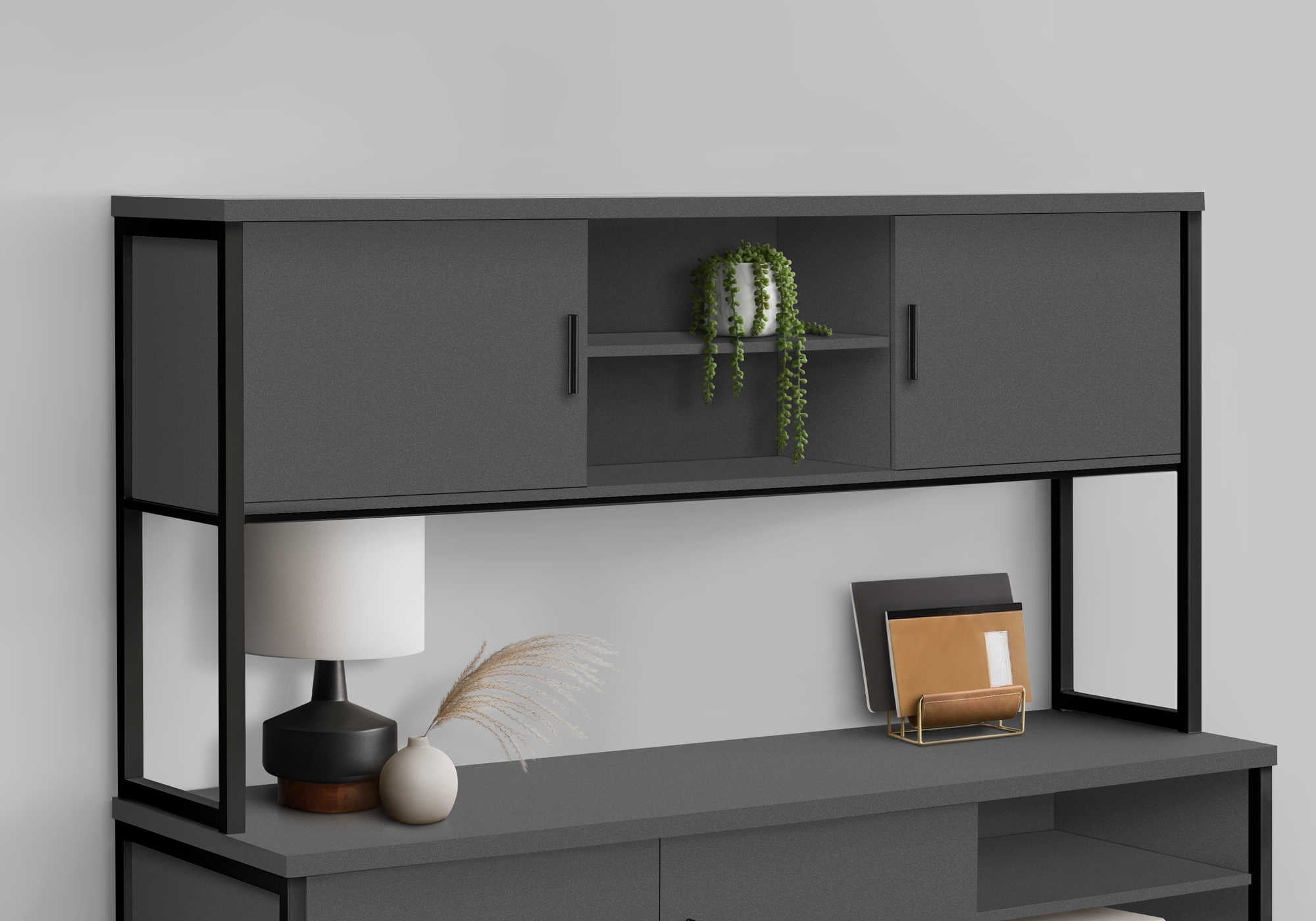 I 7733 - Huche De Bureau, 72"L, Travail, Portes De Stockage, Travail, Qualité Commerciale, Stratifié Gris, Métal Noir, Contemporain, Moderne - Simple Boutique