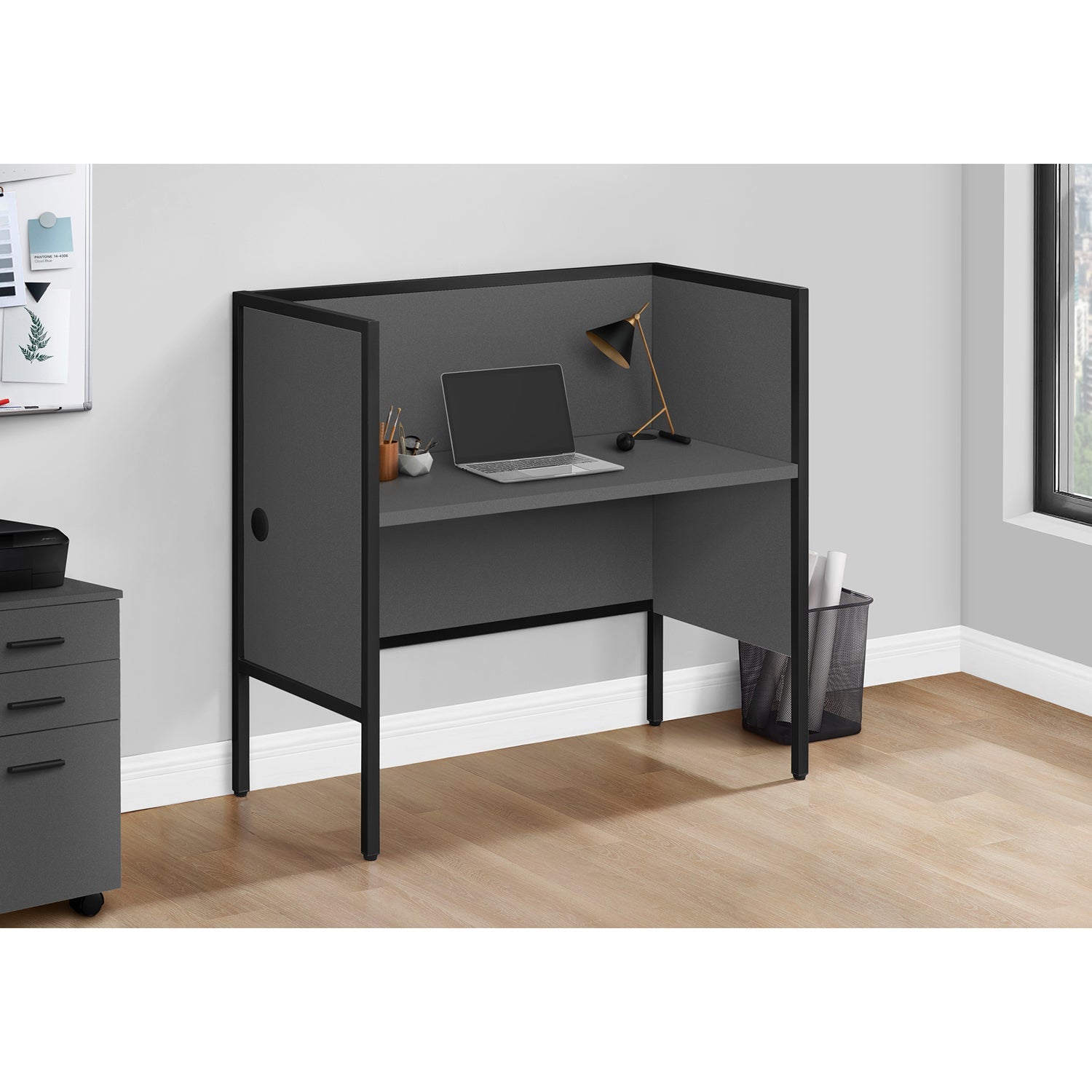 I 7734 - Bureau A Cloison, 48"L, Bureau, Travail, Qualité Commerciale, Stratifié Gris, Métal Noir, Contemporain, Moderne - Simple Boutique