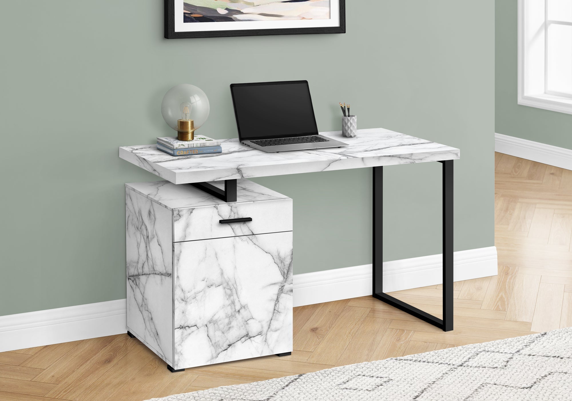 I 7762 Bureau, Bureau À Domicile, Ordinateur Portable, Configuration Gauche, Droite, Tiroirs De Rangement, 48"l, Travail, Métal, Stratifié, Aspect Marbre Blanc, Noir, Contemporain, Moderne - Simple Boutique