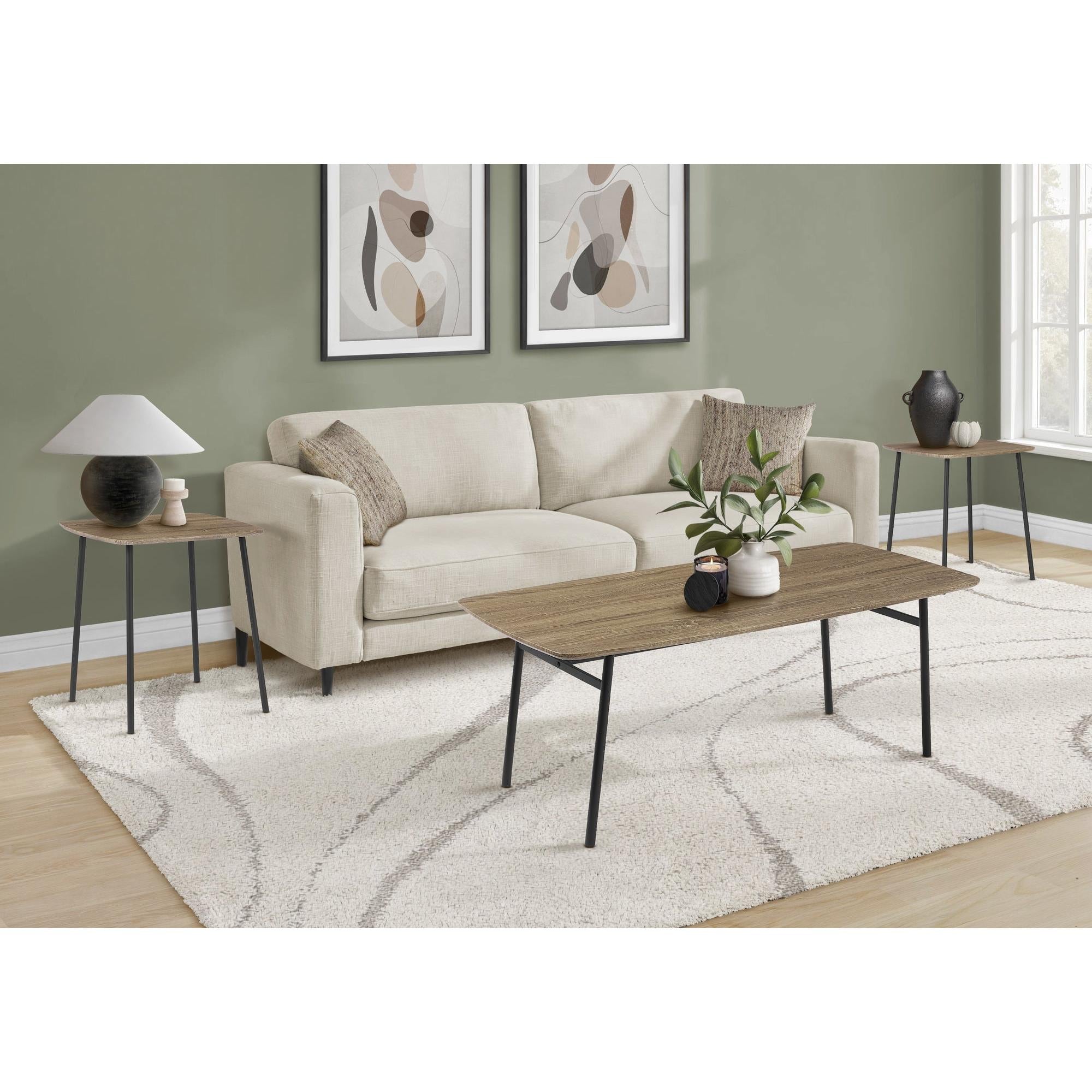 I 7805P - Ens De Tables, Ensemble De 3 Pièces, Café, Bout, Salon, Stratifié Taupe Foncé, Métal Noir, Contemporain, Moderne - Simple Boutique