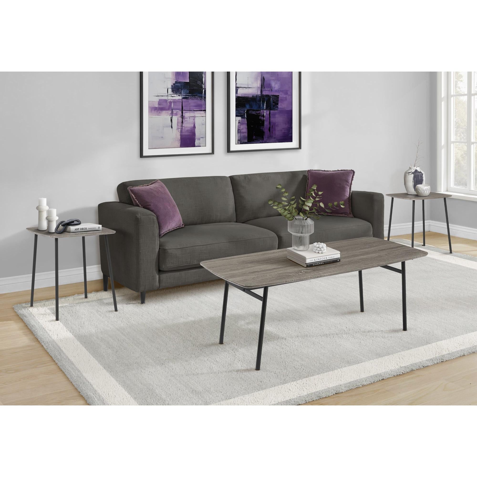 I 7806P - Ens De Tables, Ensemble De 3 Pièces, Café, Bout, Salon, Stratifié Gris, Métal Noir, Contemporain, Moderne - Simple Boutique