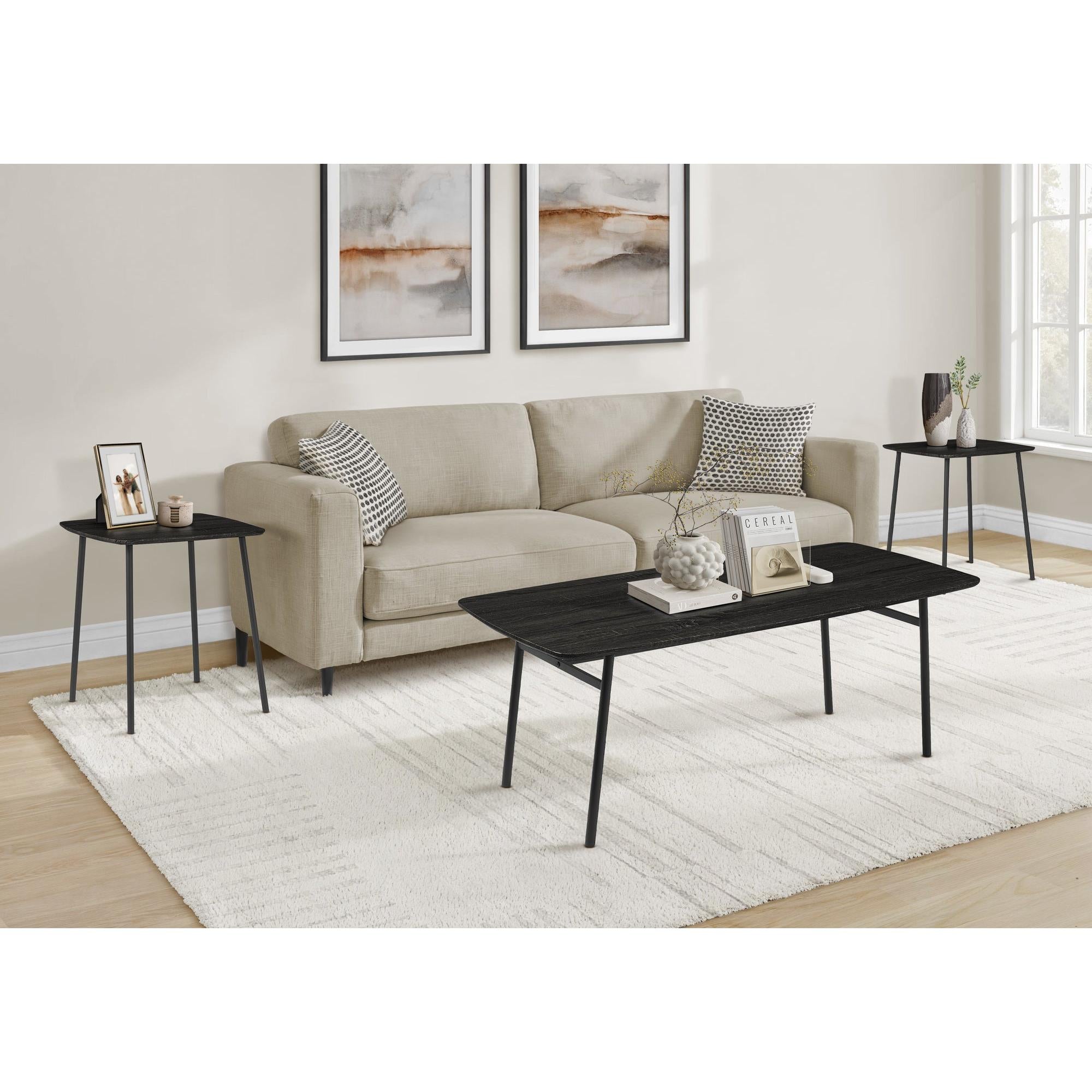 I 7807P - Ens De Tables, Ensemble De 3 Pièces, Café, Bout, Salon, Laminé Chêne Noir, Métal Noir, Contemporain, Moderne - Simple Boutique