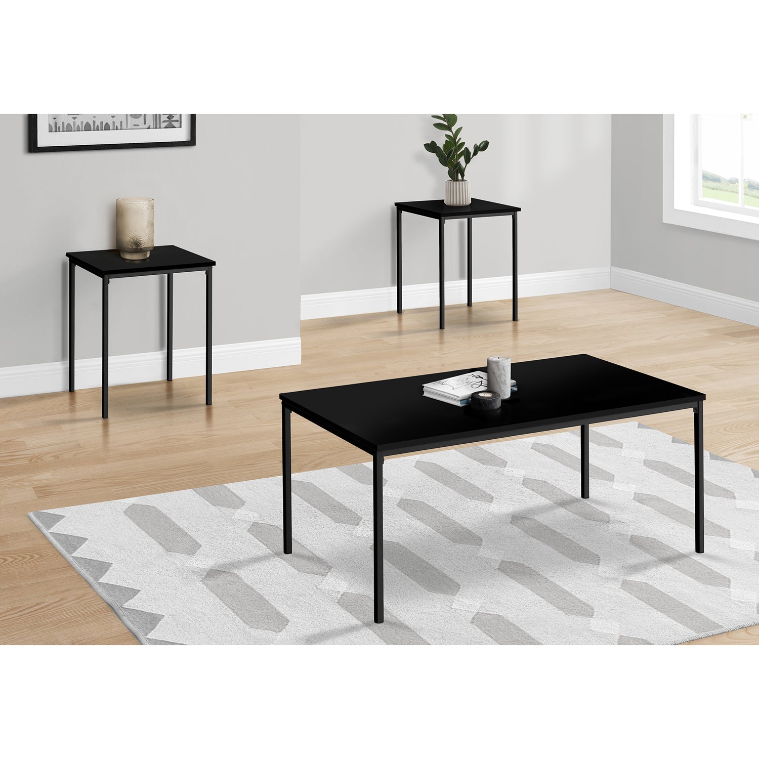 I 7894P - Ens De Tables, Ensemble 3pcs, Café, Bout, Métal Noir, Laminé Noir, Contemporain, Moderne - Simple Boutique