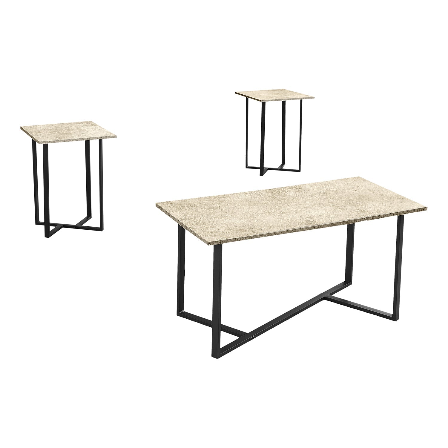 I 7974P - Ens De Tables, Ensemble De 3 Pièces, Café, Bout, Salon, Revêtement Stratifié En Pierre Crème, Métal Noir, Contemporain, Moderne - Simple Boutique