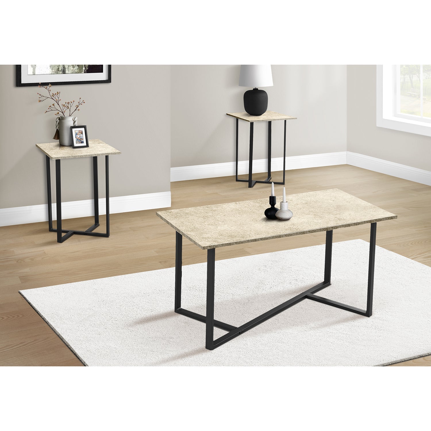 I 7974P - Ens De Tables, Ensemble De 3 Pièces, Café, Bout, Salon, Revêtement Stratifié En Pierre Crème, Métal Noir, Contemporain, Moderne - Simple Boutique