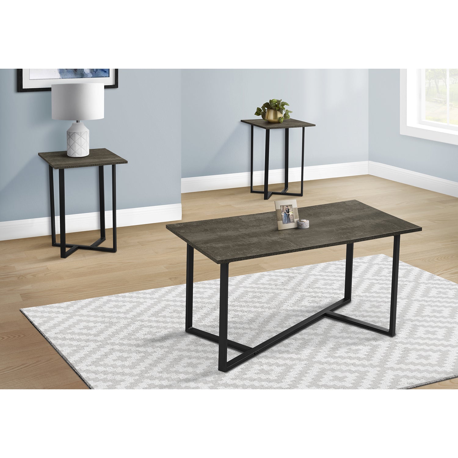 I 7975P - Ens De Tables, Ensemble De 3 Pièces, Café, Bout, Salon, Stratifié En Bronze Foncé, Métal Noir, Contemporain, Moderne - Simple Boutique